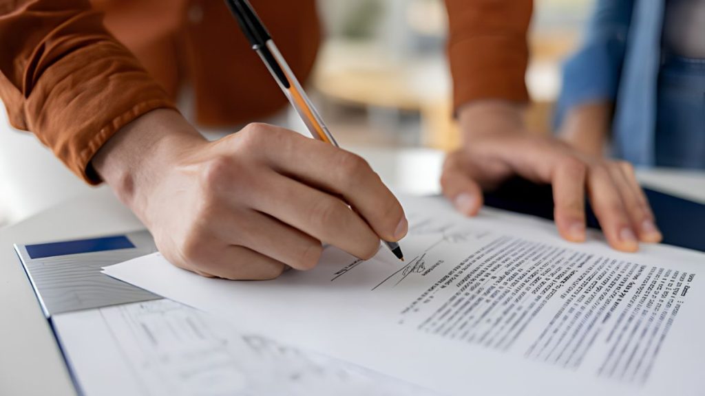 Close-up of a hand signing a contract with a pen on a desk, with another hand resting nearby.